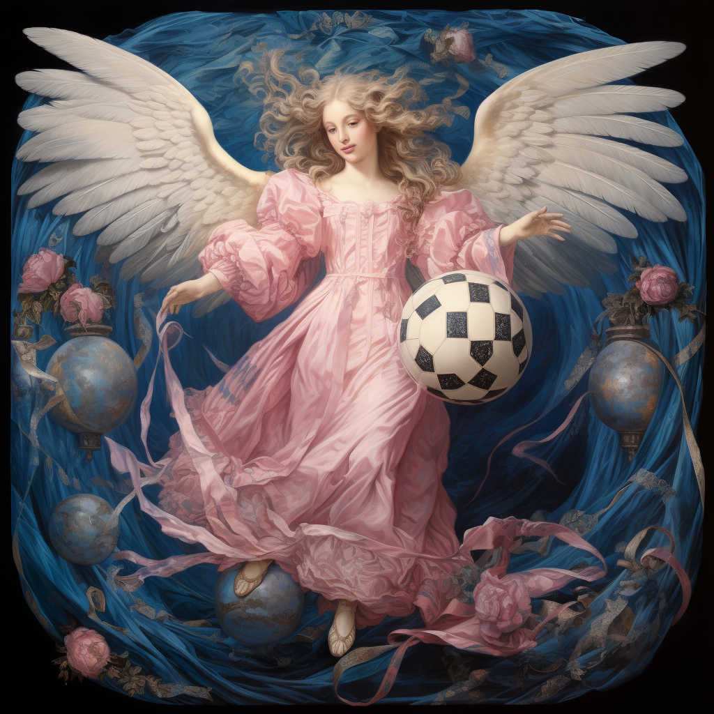 Beautiful pink and light blue angels with a soccer ball