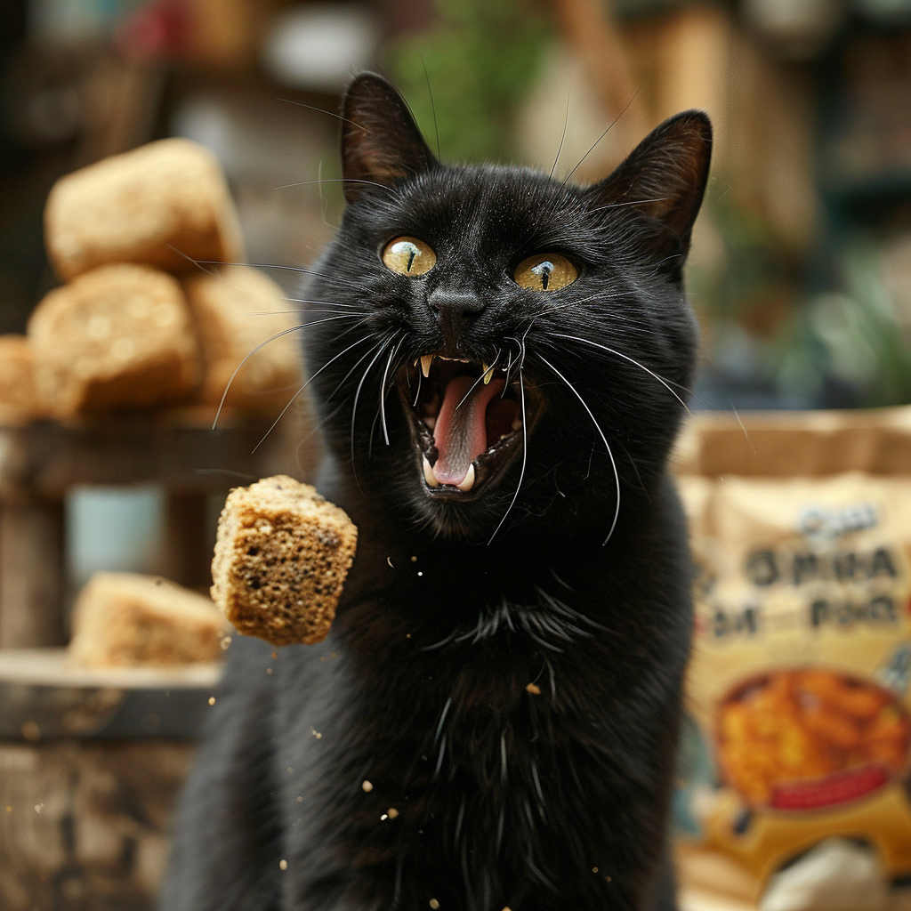 Angry black cat attacking camera