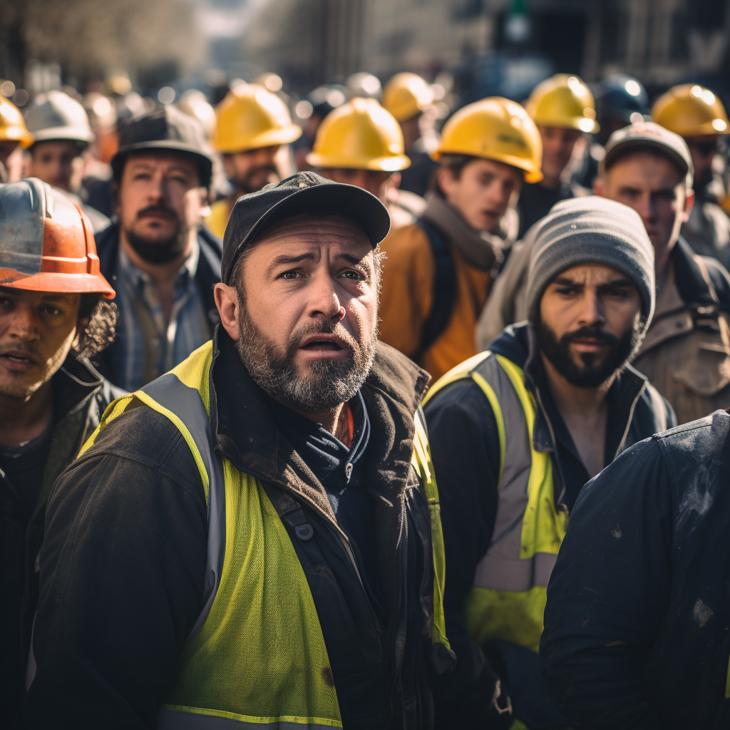 Angry construction workers at security checkpoint