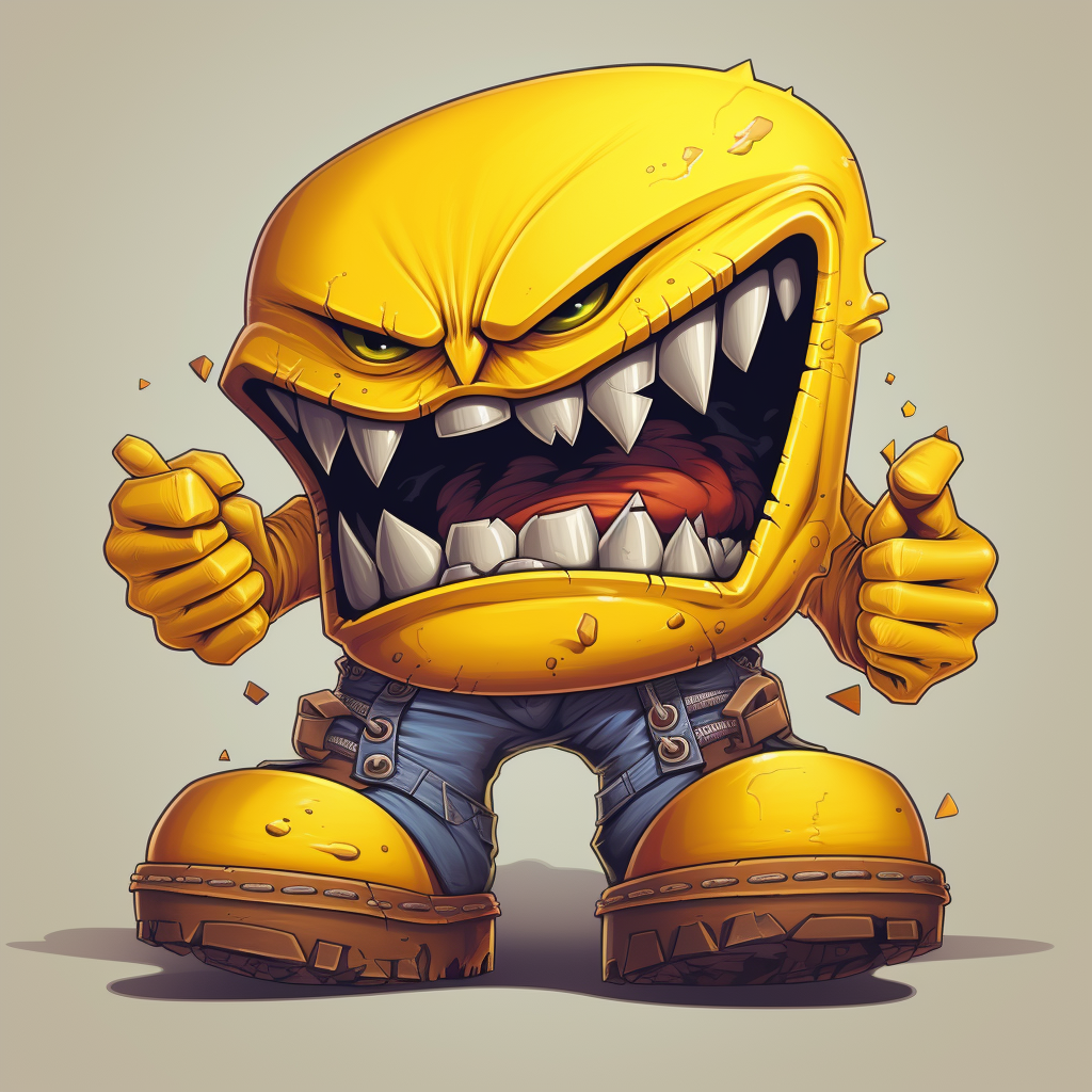 Cartoon character with angry Pacman style, boots, gloves, sharp teeth