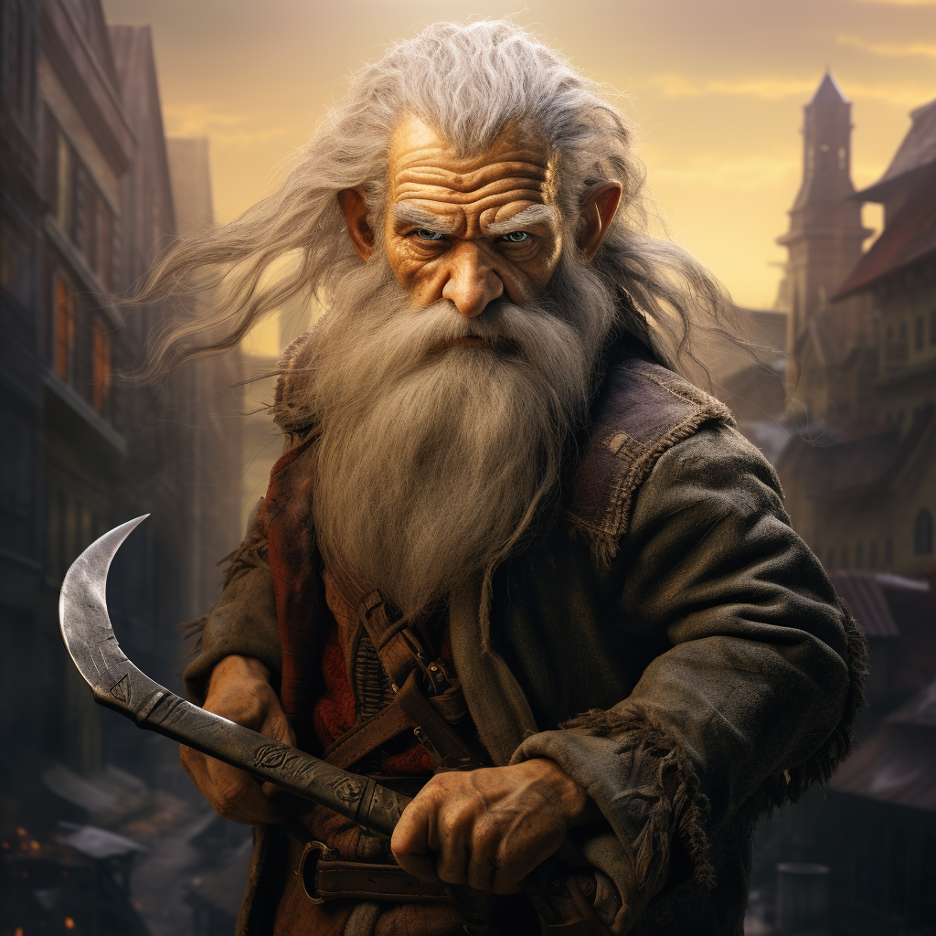 Angry elderly gnome duelist with rapier in city