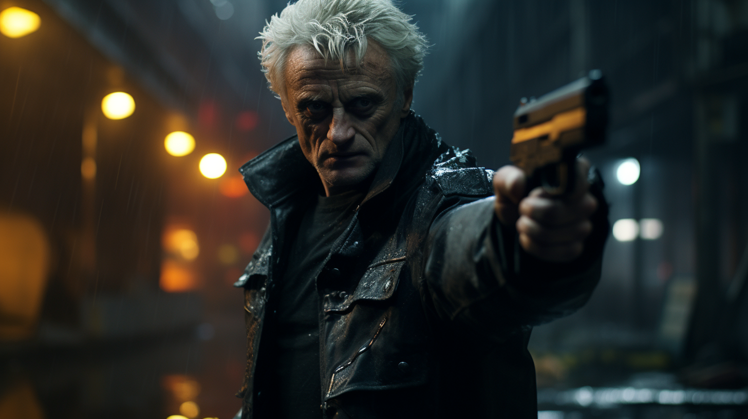 Angry Rutger Hauer as Batty pointing gun