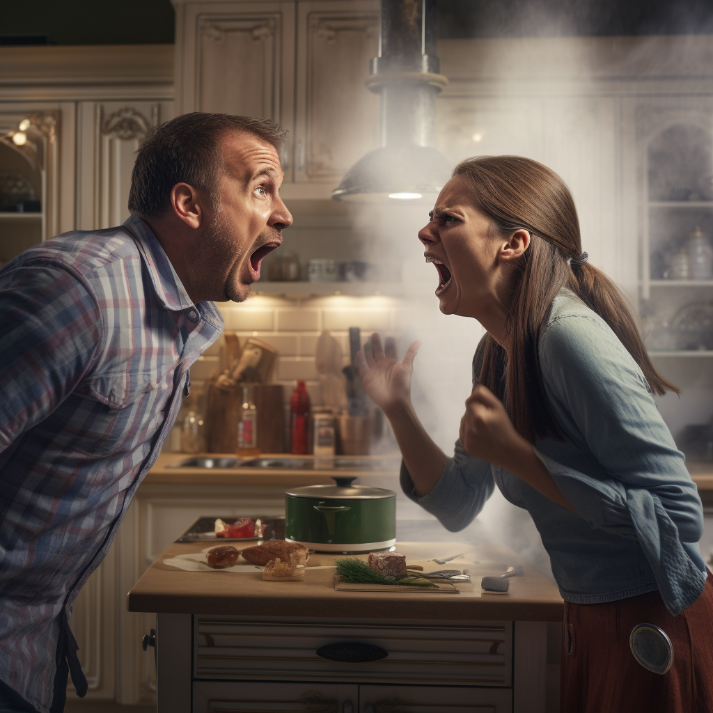 Woman shouting at husband in kitchen