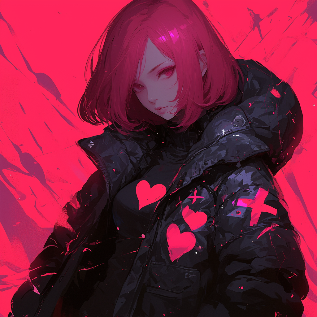 Woman in Magenta Jacket with Heart Pattern