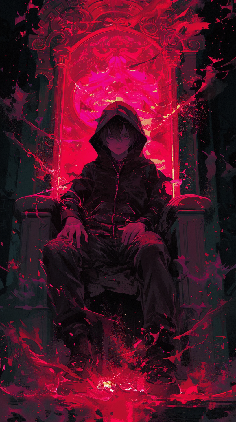 Hooded anime boy on throne with dark energies