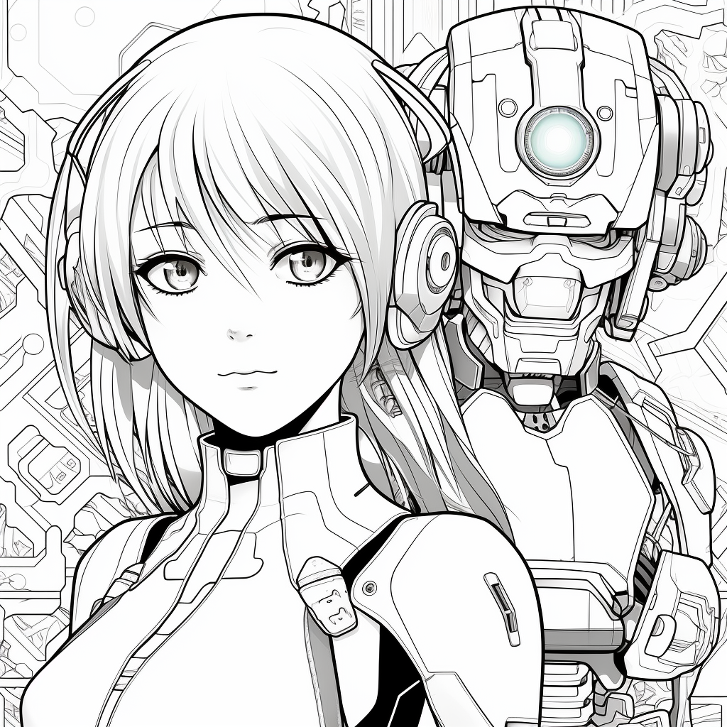 Anime futuristic robot companion and heroine coloring page