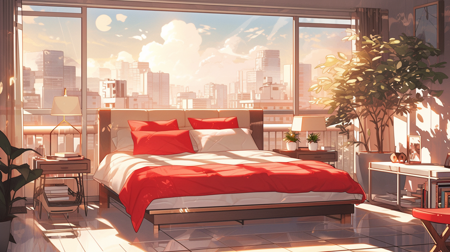 Soft Anime-style Bedroom with Open Window in Red Theme