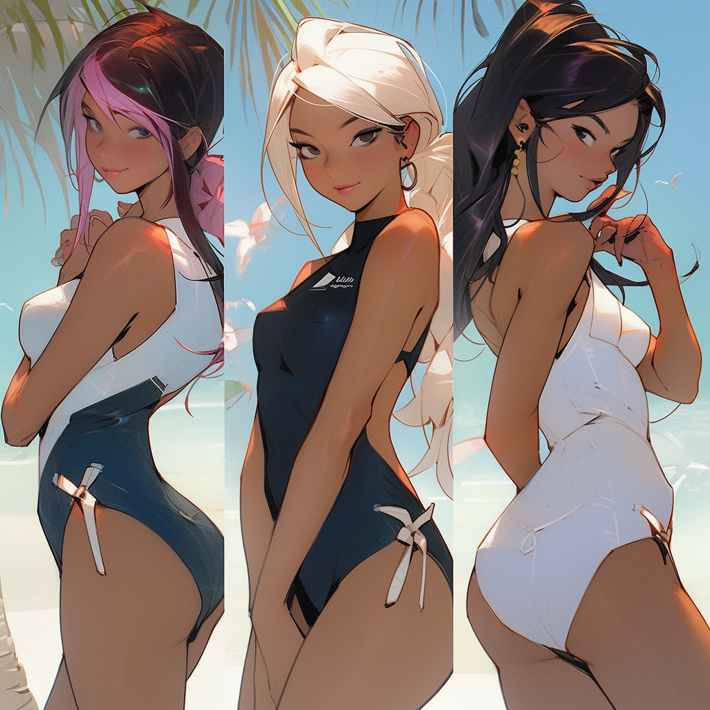 Three young women in stylish swim attire at the beach