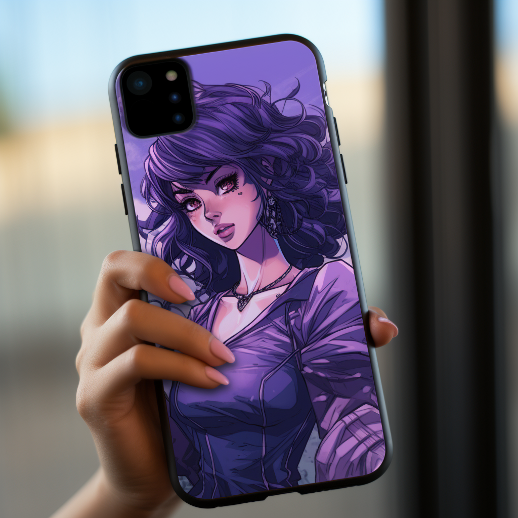 Anime Beauty with Purple Texture holding iPhone15 Pro