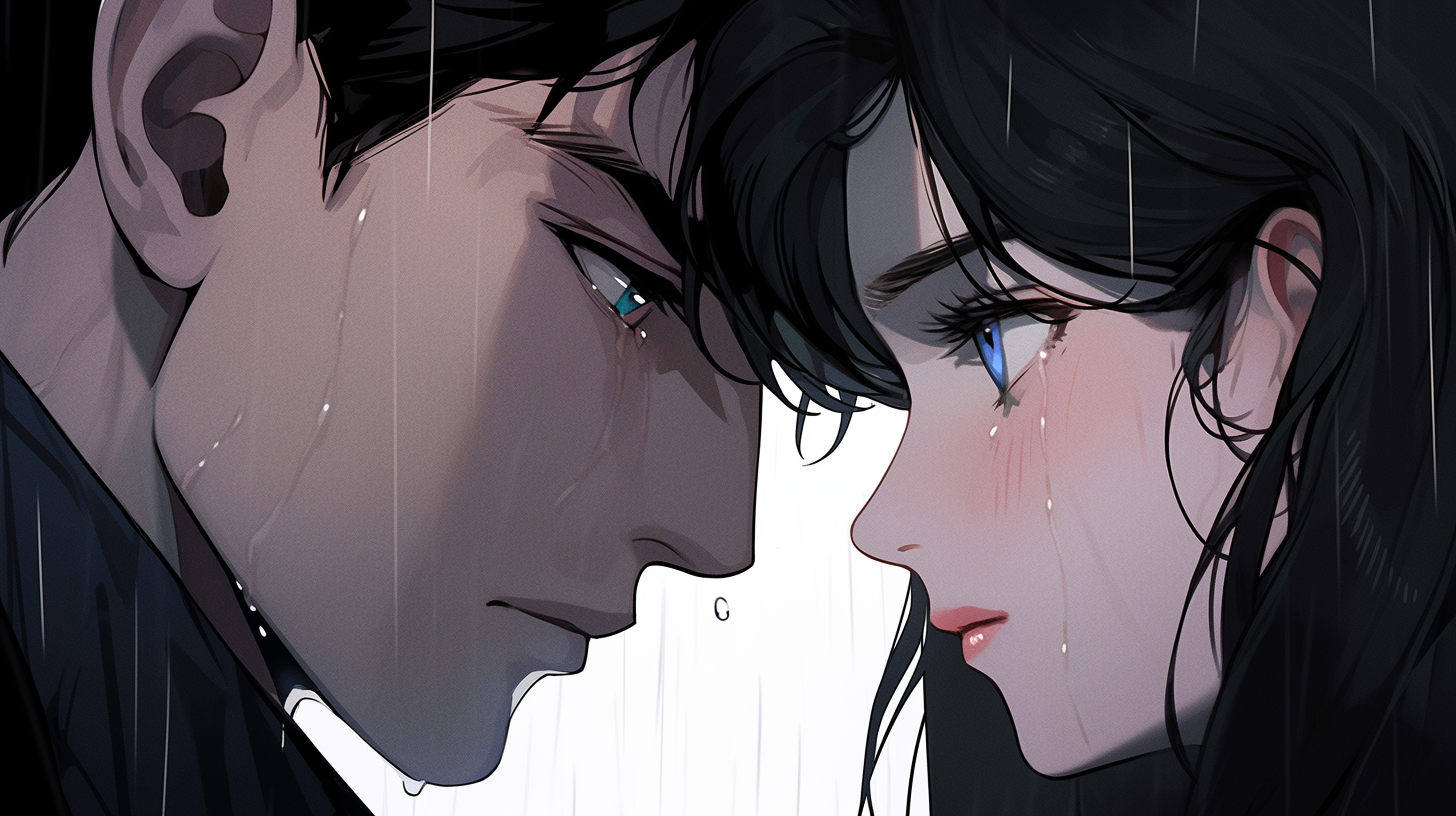 Female Anime Character Looking at Male Anime Character in Rain