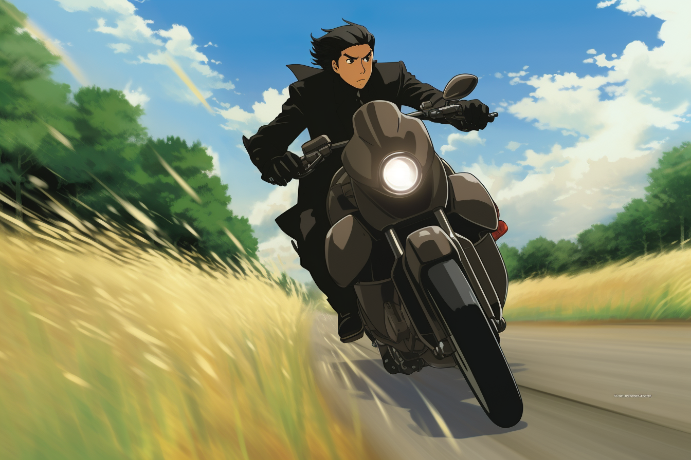 Anime character on motorcycle in black suit