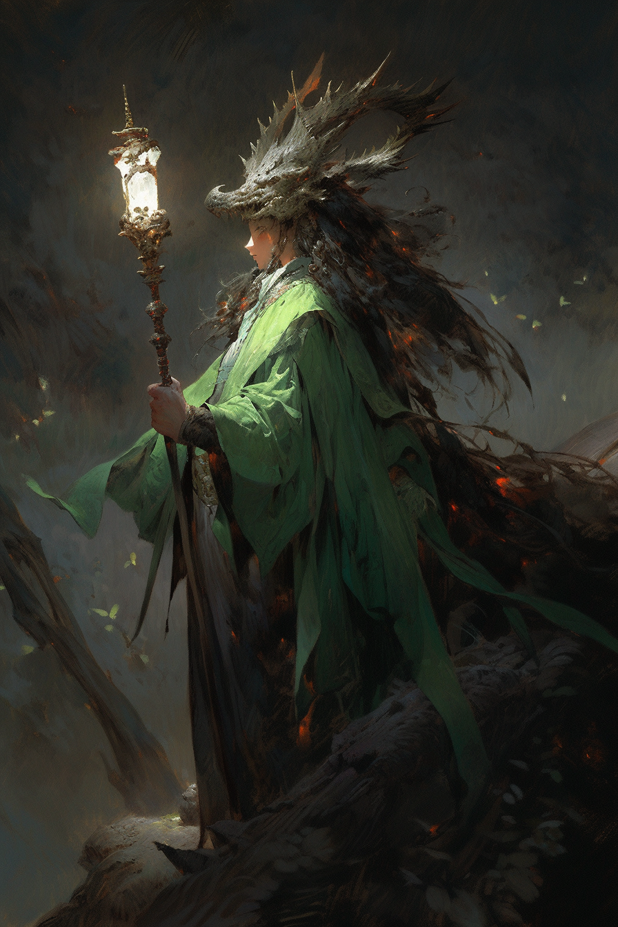 Beautiful Anime Female Beastman in Green Robe Armor