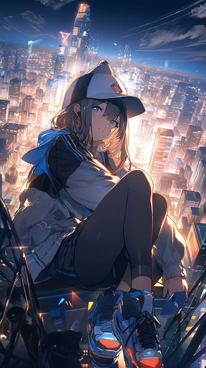 Anime girl sitting on edge, watching city sunrise