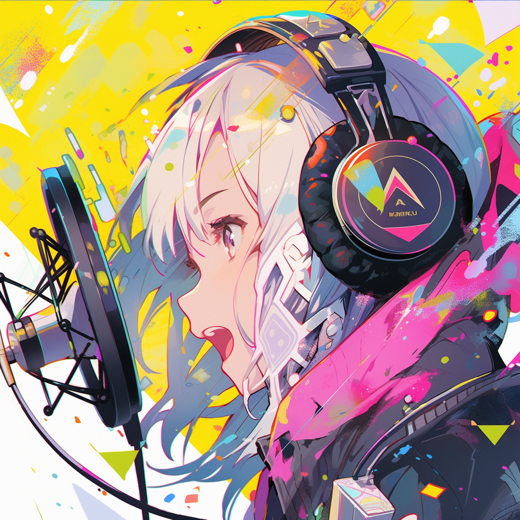 Anime girl singing into microphone with neon colors