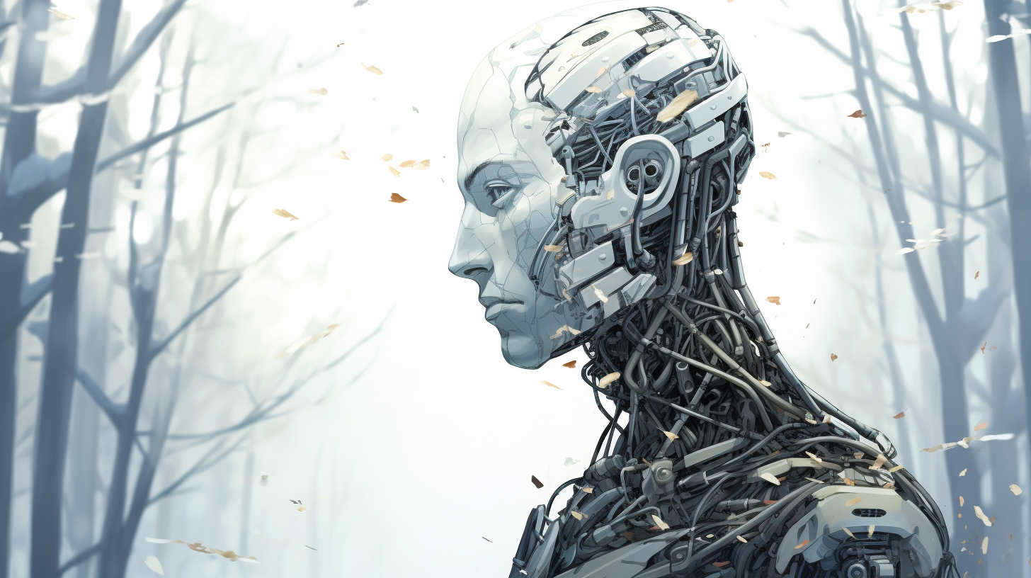 Man with Cybernetic Augmentations in Winter Forest