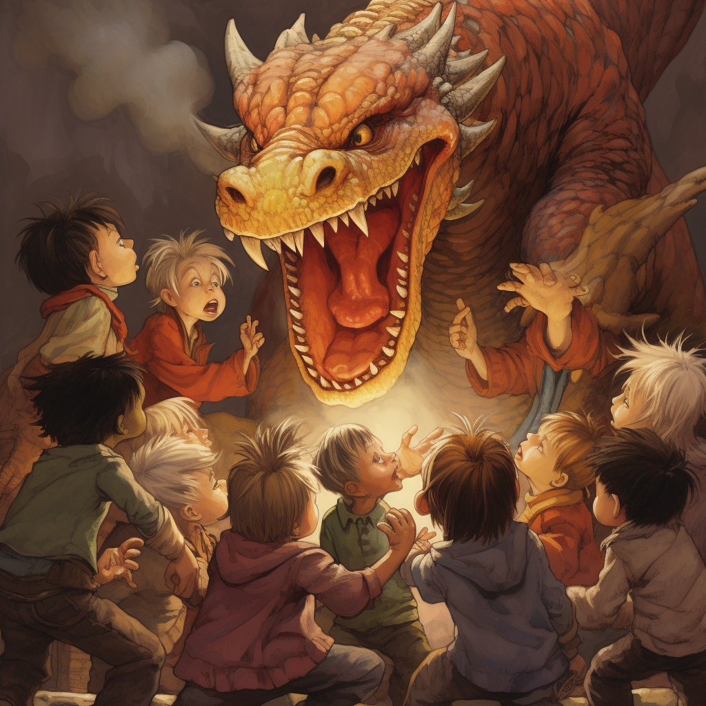 Annoyed Dragon with Children Touching Him