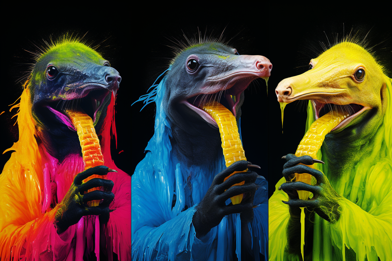 Anteater queen eating black sock against vibrant rainy background