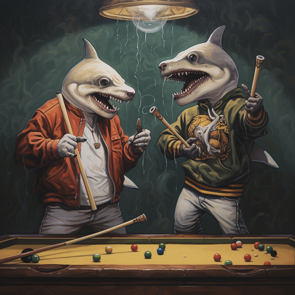 Anthropomorphic Sharks Playing Billiards