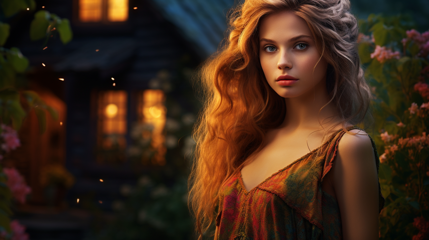 Slender woman in front of magical fairy forest cottage