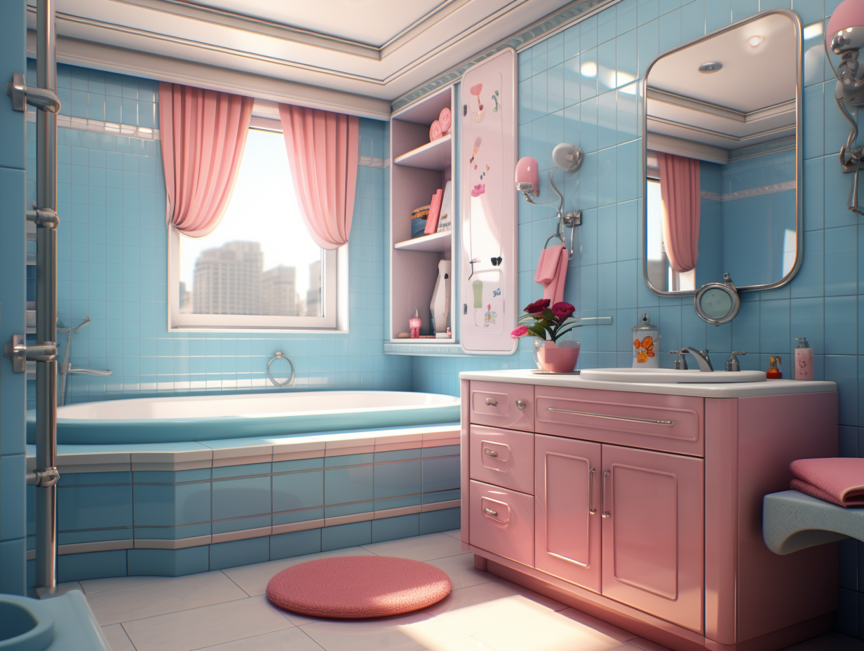 Apartment Washroom with Pink and Sky Blue Colors