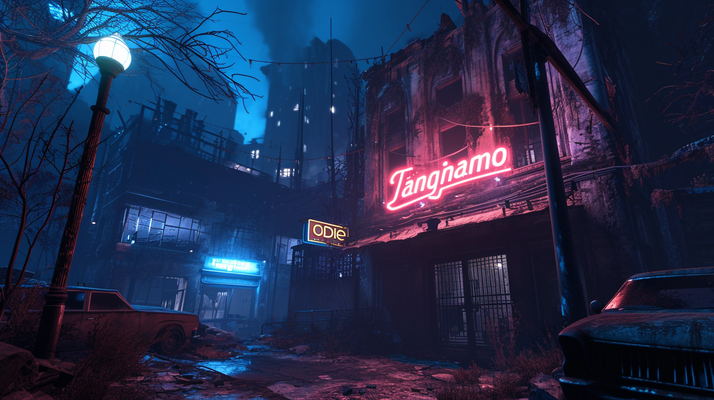 Neon sign in apocalyptic night town