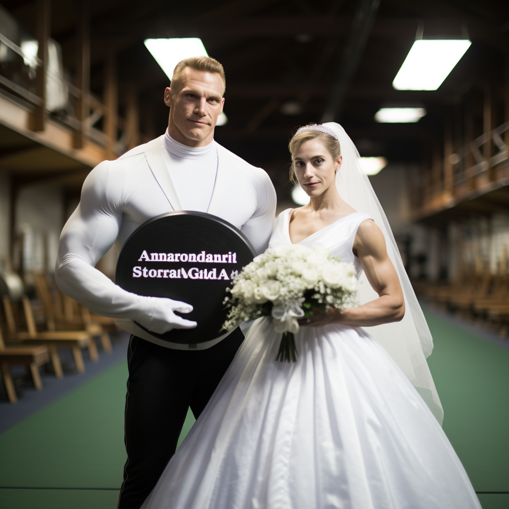 Arnold Swarsenegger in wedding dress holding a book