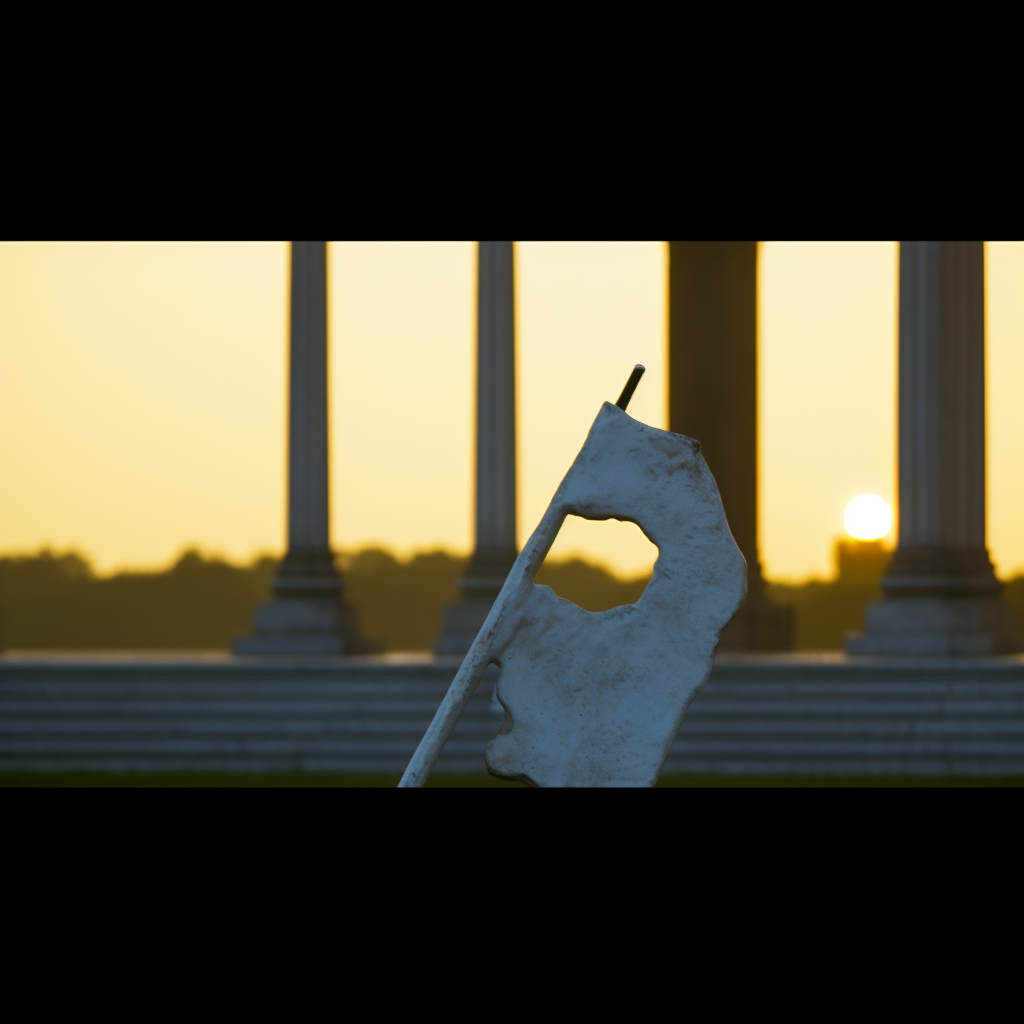 Cinematic statue with cracks and golden emblems