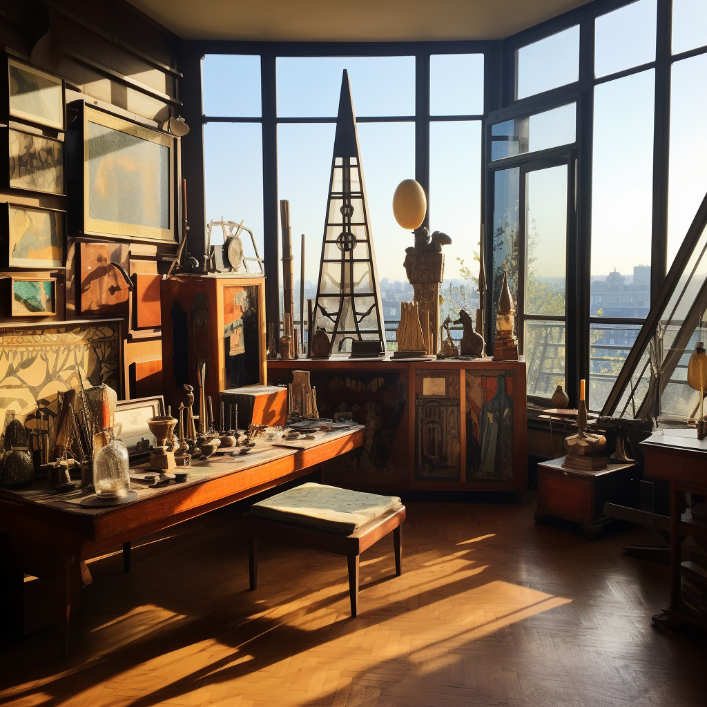 Image of a cluttered Art Deco room with a view of the Louvre in Paris