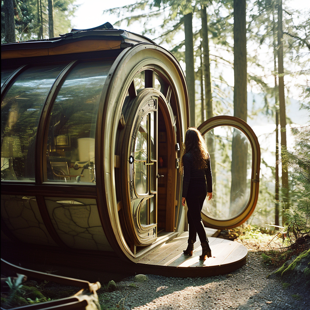 30-year-old woman entering luxury cabin doorway