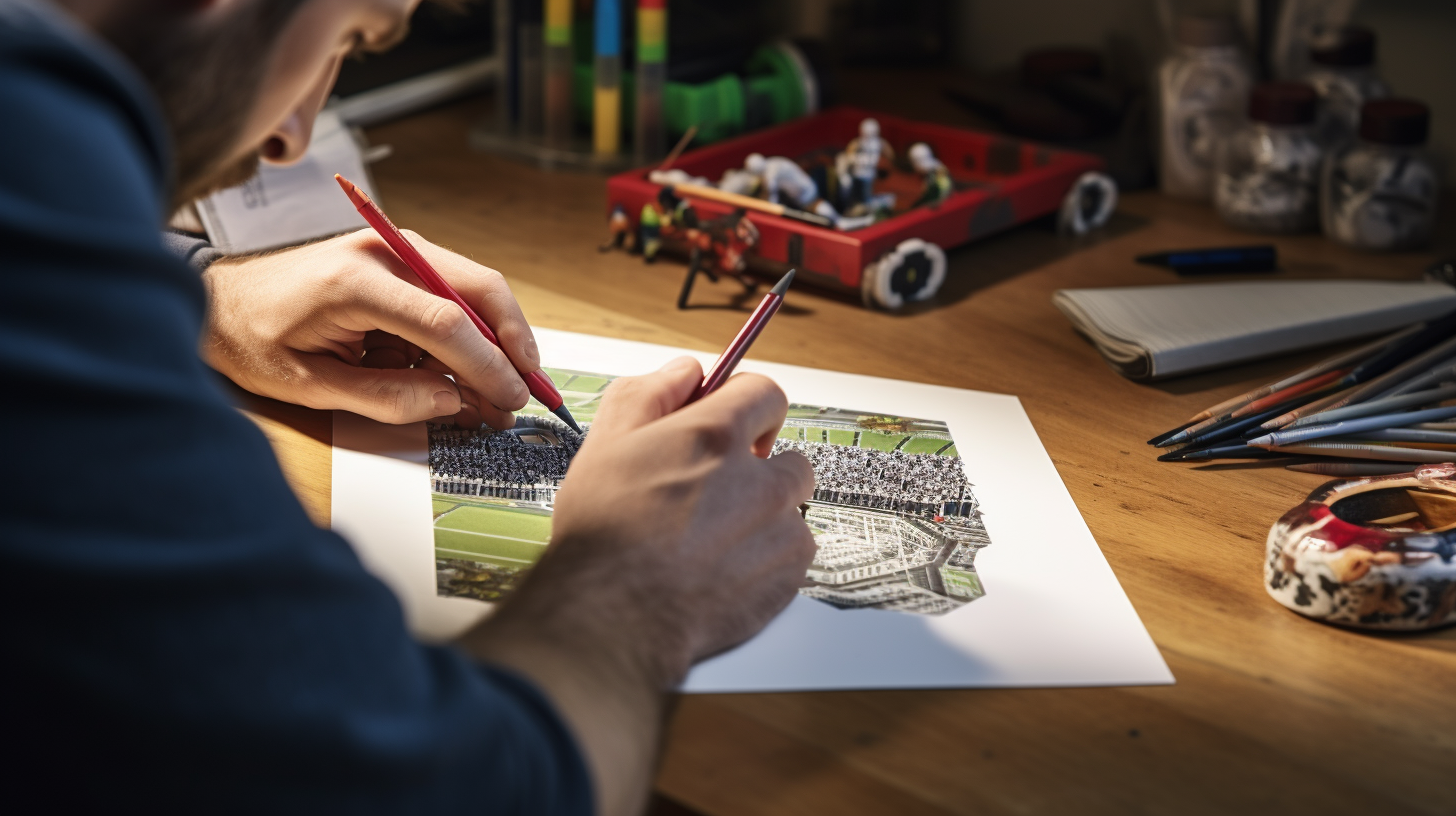 Artist coloring collectible sports card in studio