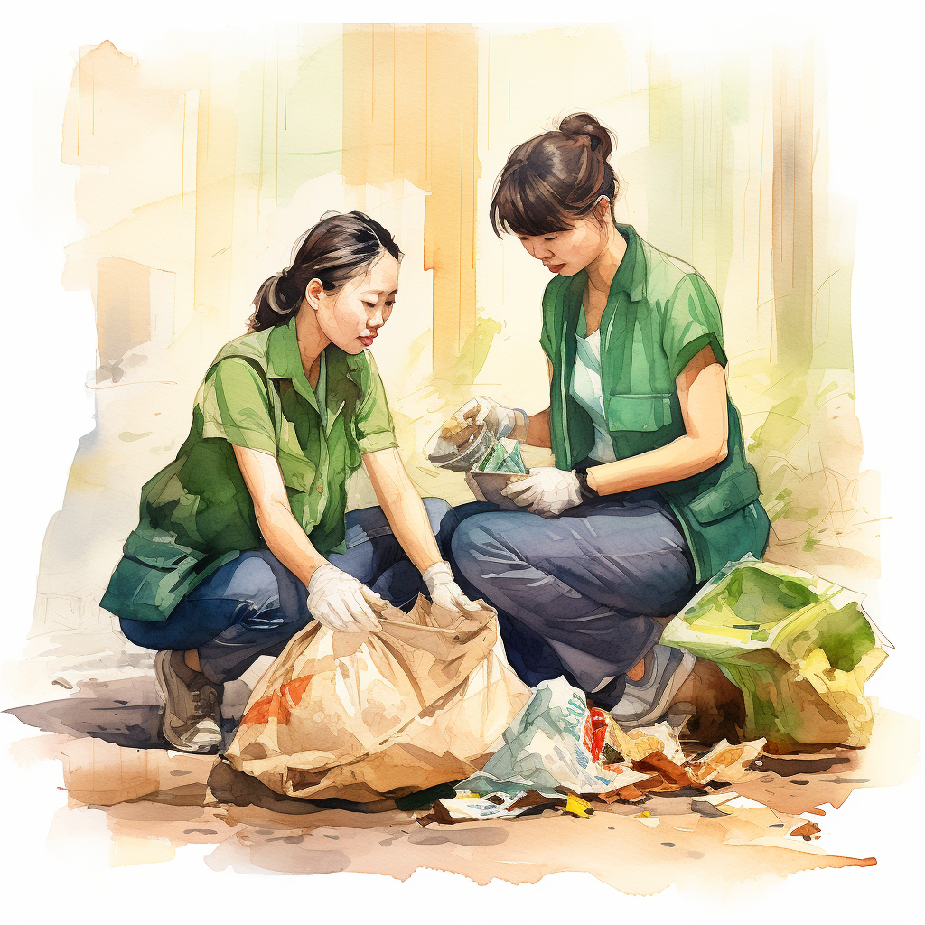 Two young Asian cleaning ladies packing debris bags