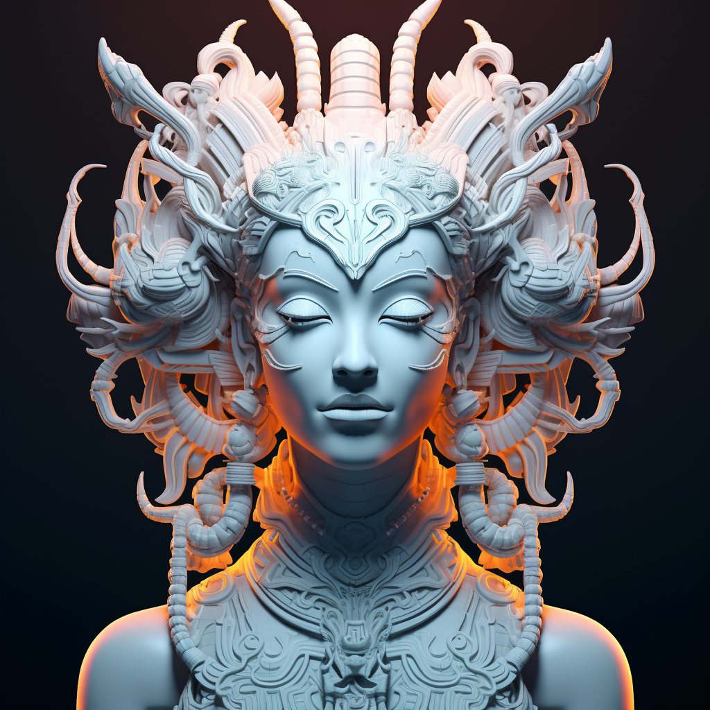 Asian Female God Sculpture on Neon Background