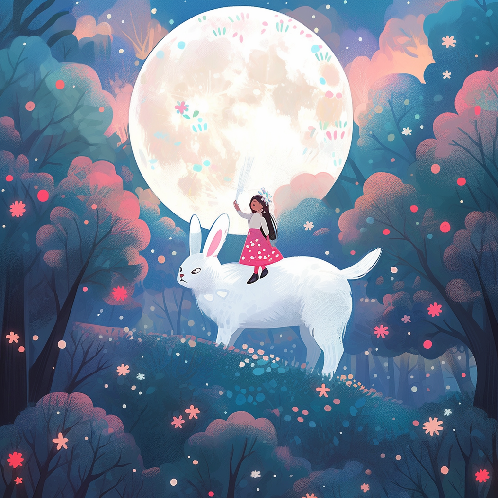 Young girl joyfully riding giant white rabbit