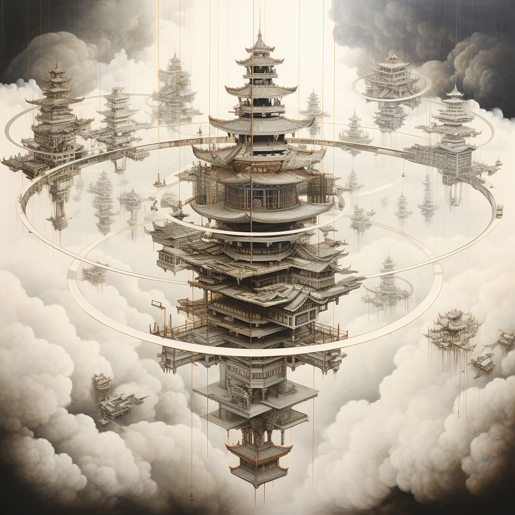 Floating Asian Temples Connected in Clouds