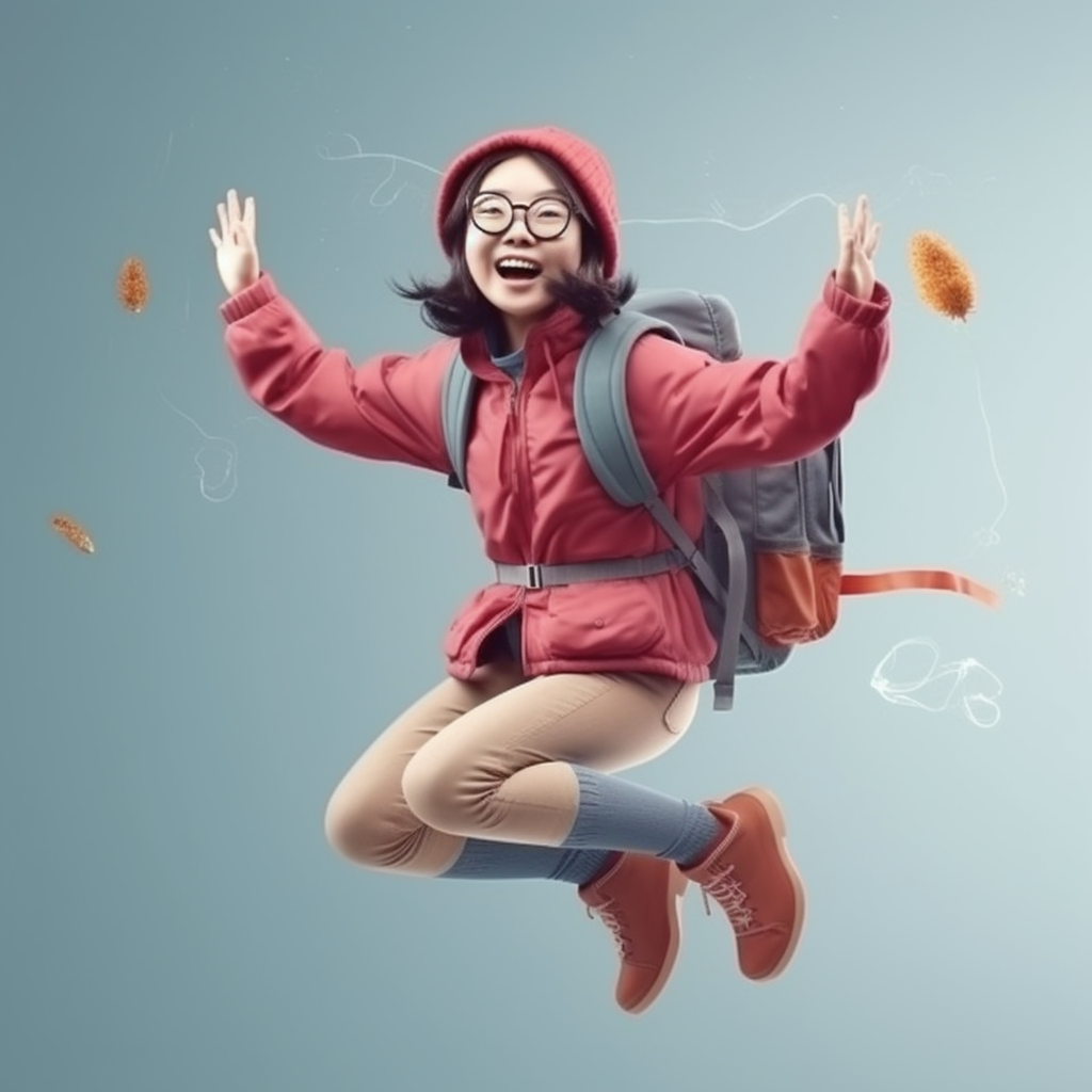 Happy Asian Traveler Floating in the Air