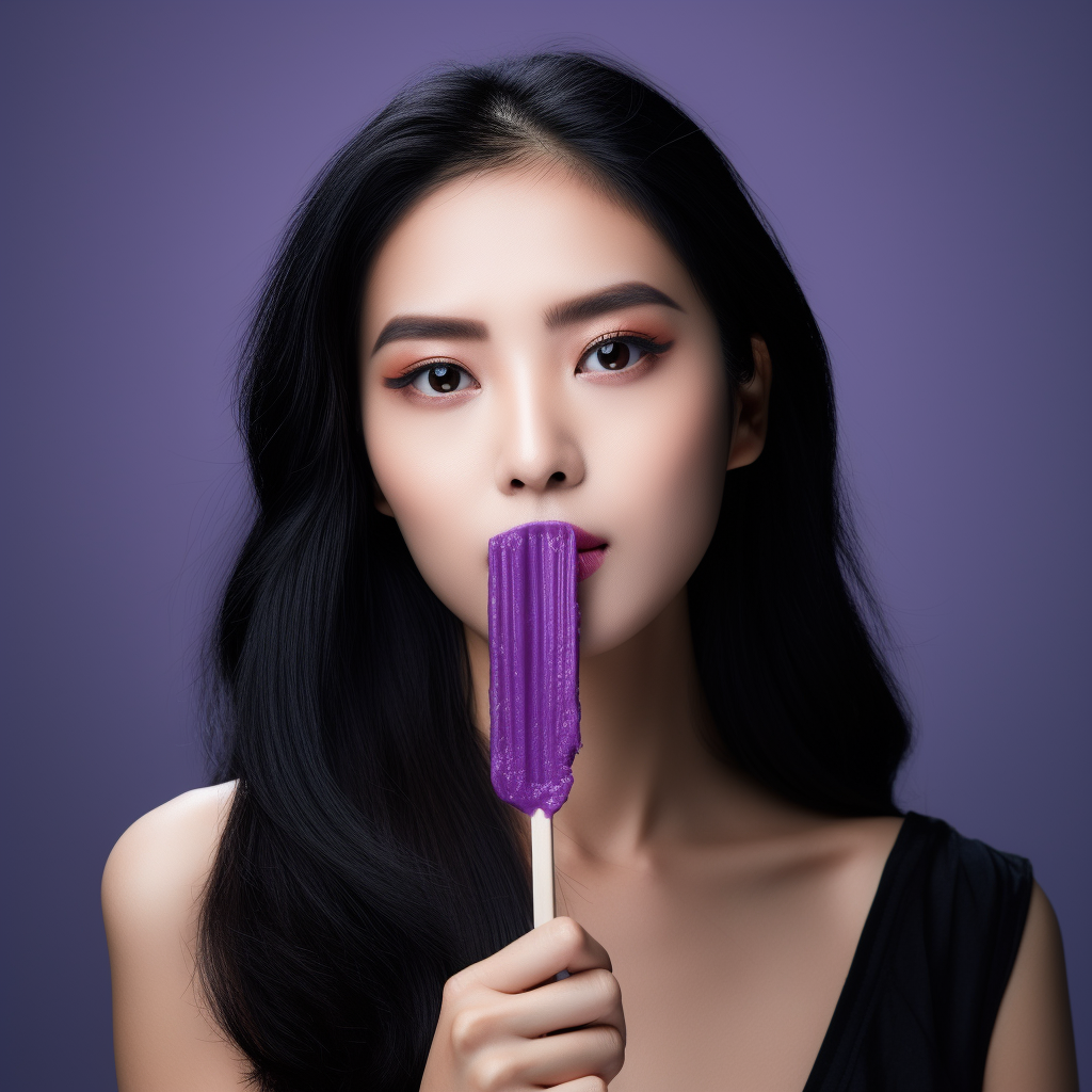 Asian woman licking purple popsicle