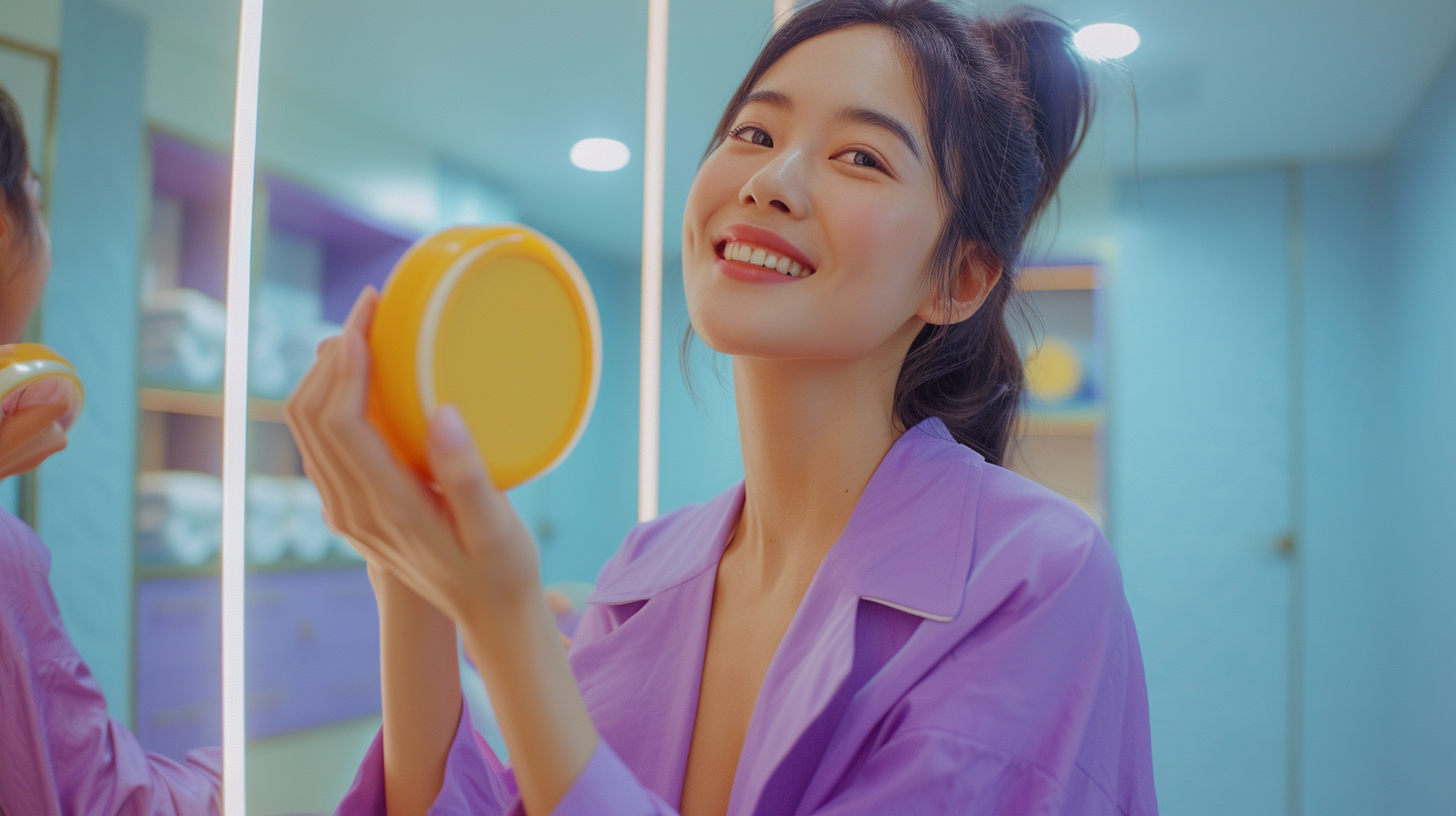 Asian woman in purple outfit smiling in mirror