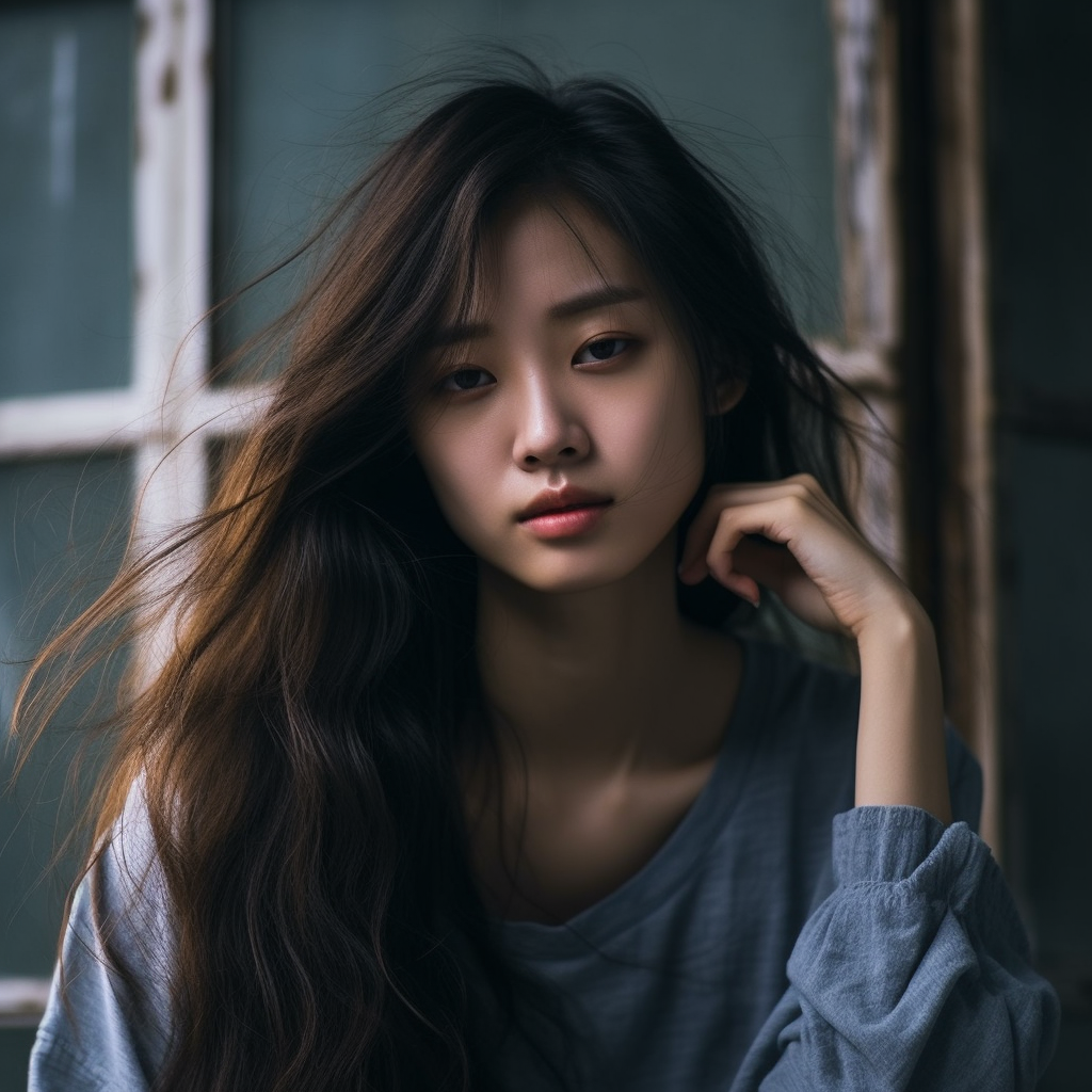 Unhappy Asian Korean girl with dirty and oily hair  ??‍♀️