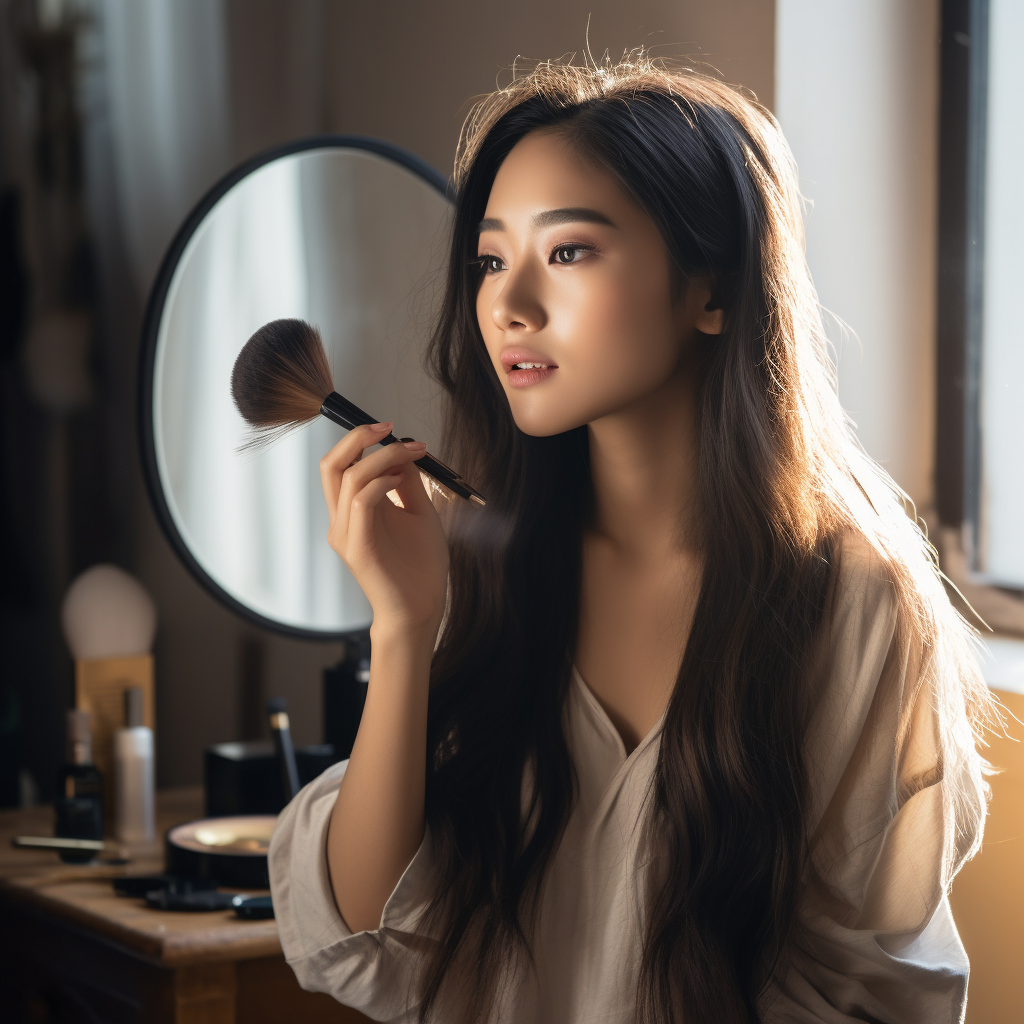 Asian lady applying makeup with sponge and powder