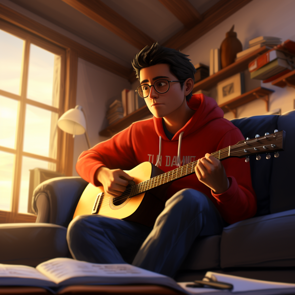 Asian Male Composer in Red Hoodie and Glasses