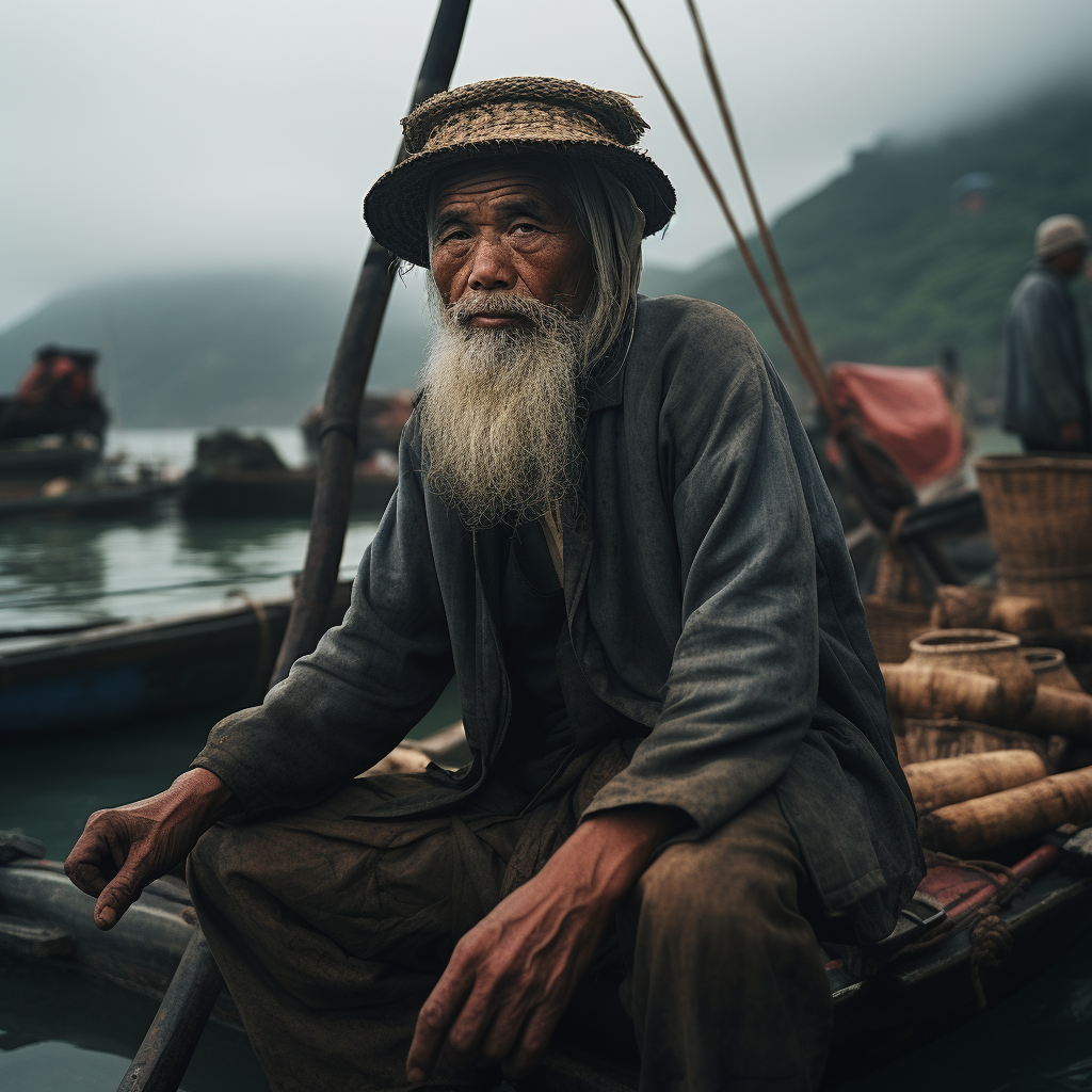 Asian man fishing in deserted village