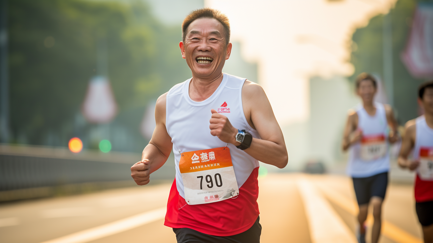 Asian man running marathon with pacemaker