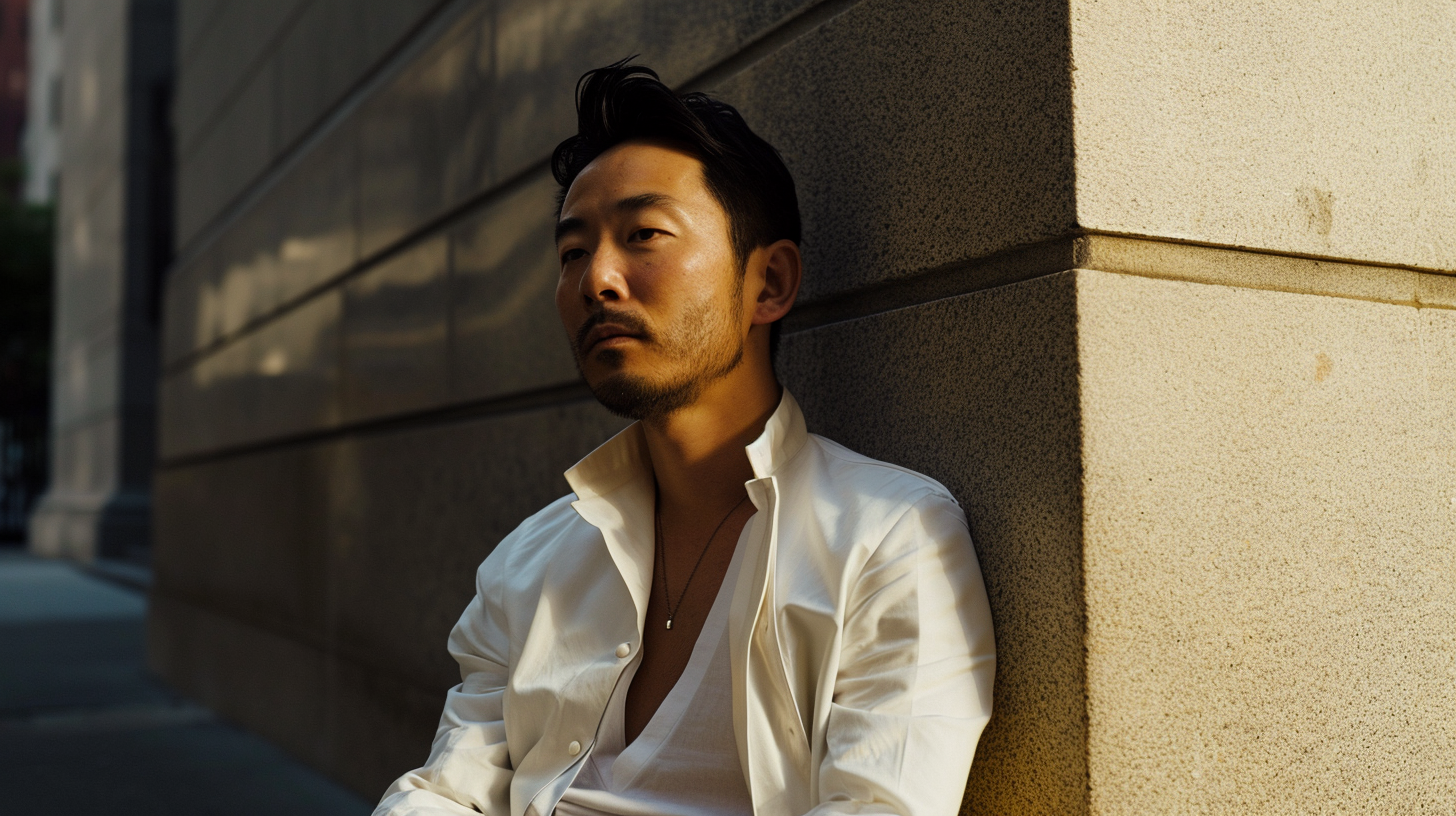 Asian Man in White Hermes Jacket leaning against sculpture