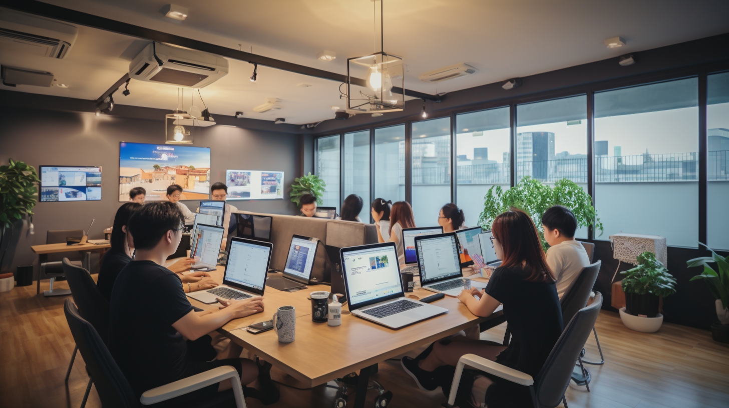 Asian marketers and designers training in minimalist office