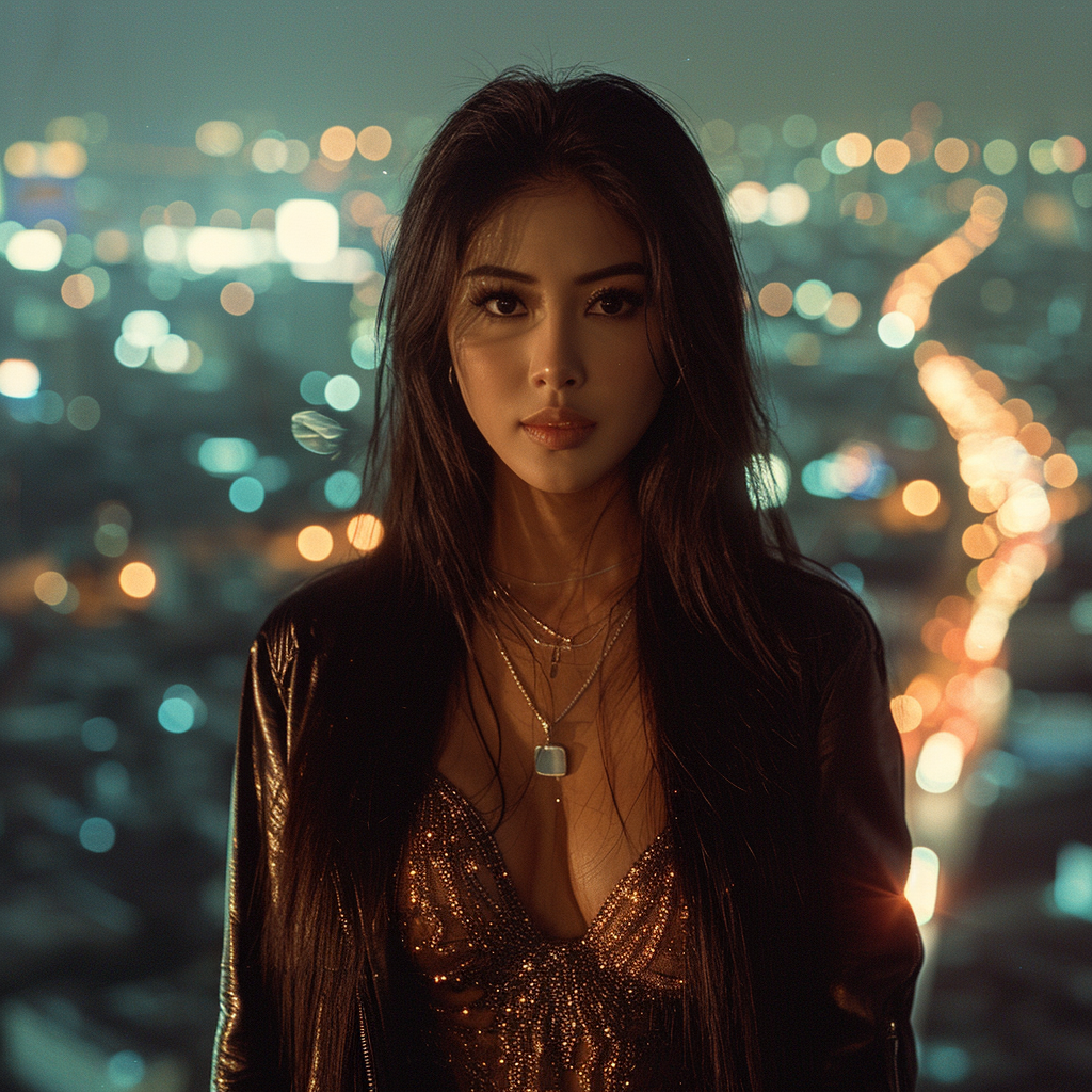 Asian model with long straight hair in cityscape
