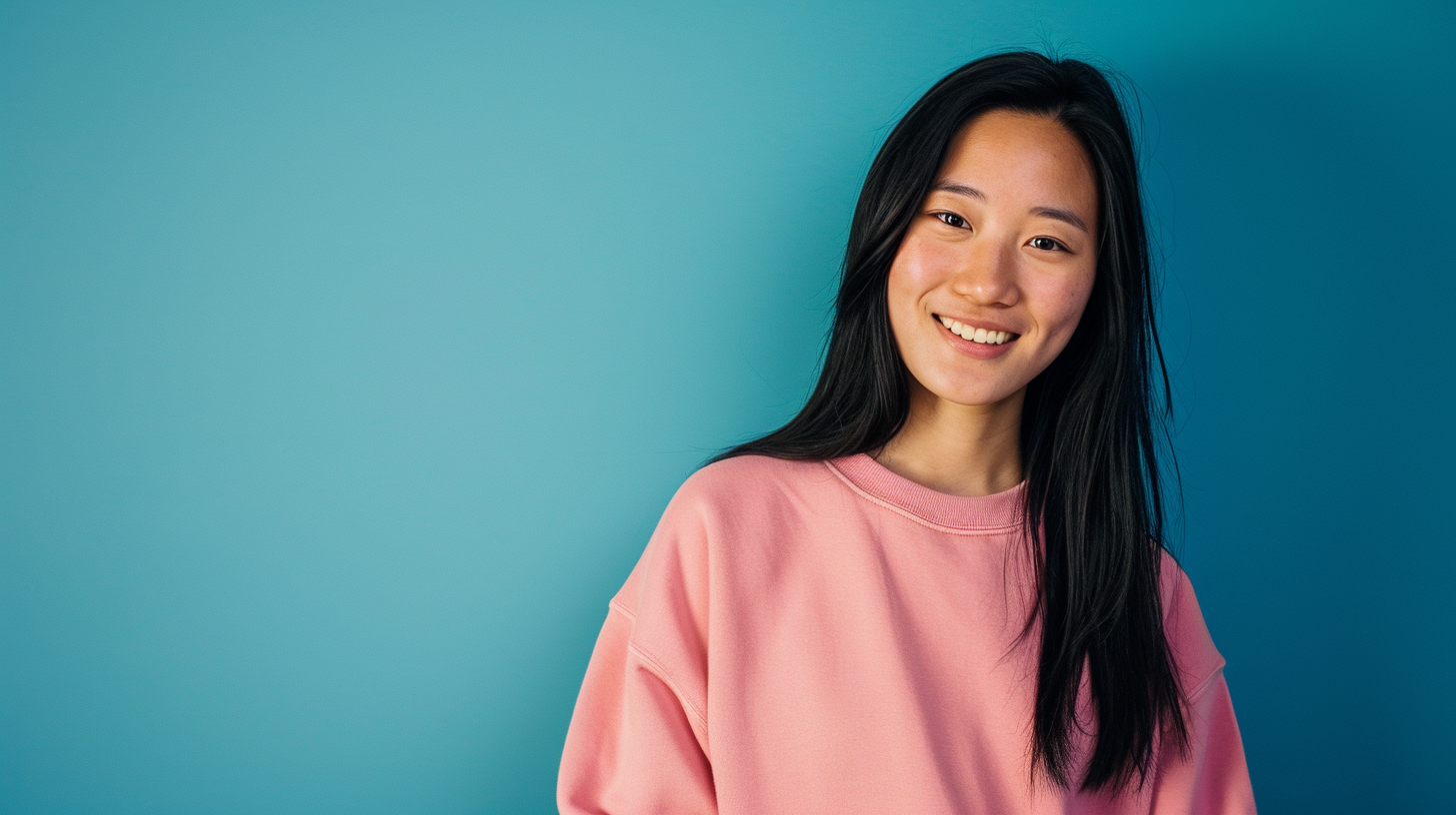 Asian model smiling in pink sweatshirt