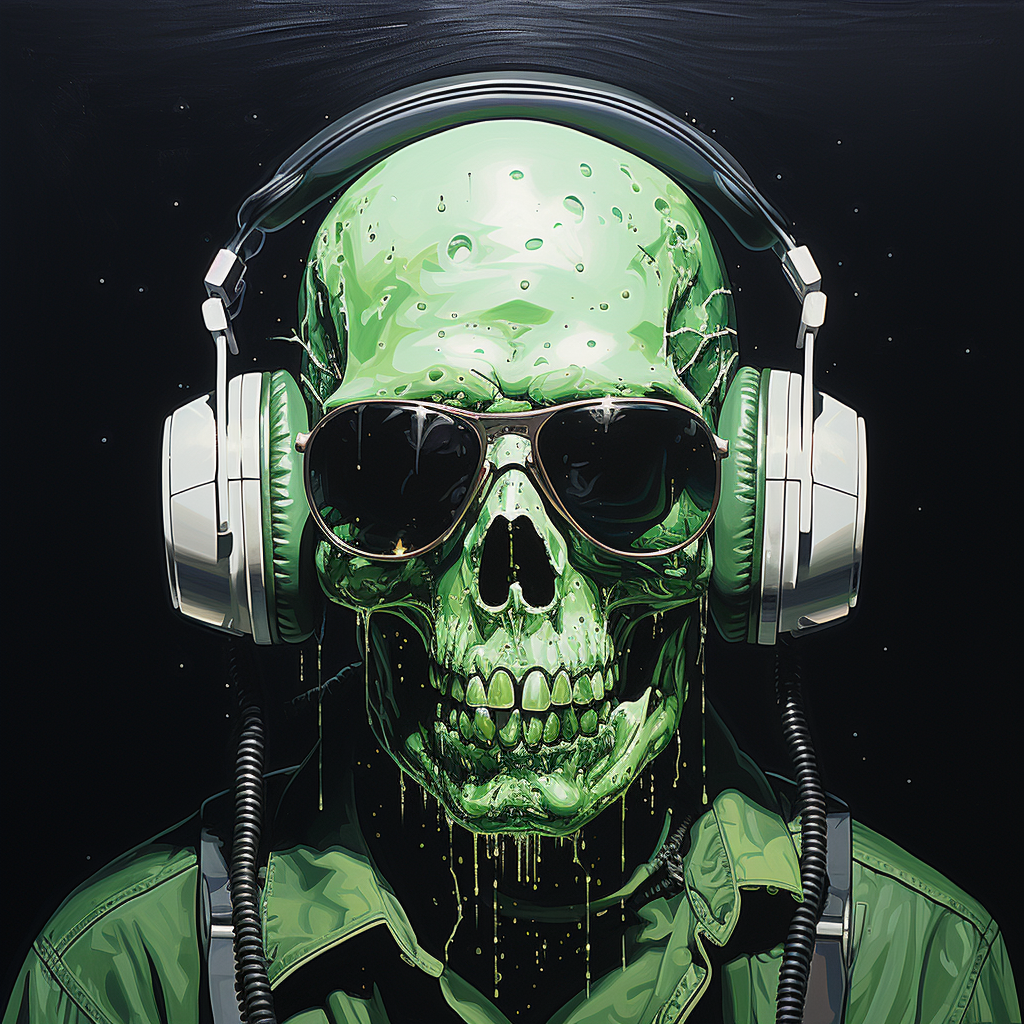 Vibrant neo-expressionist skull art with headphones