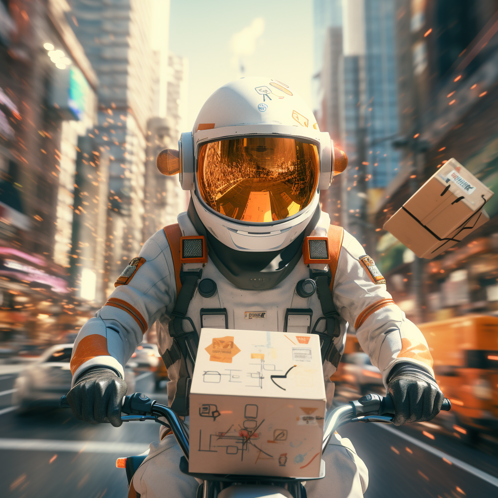 Astronaut Delivery Man with Pinwheel Helmet and Flying Letters