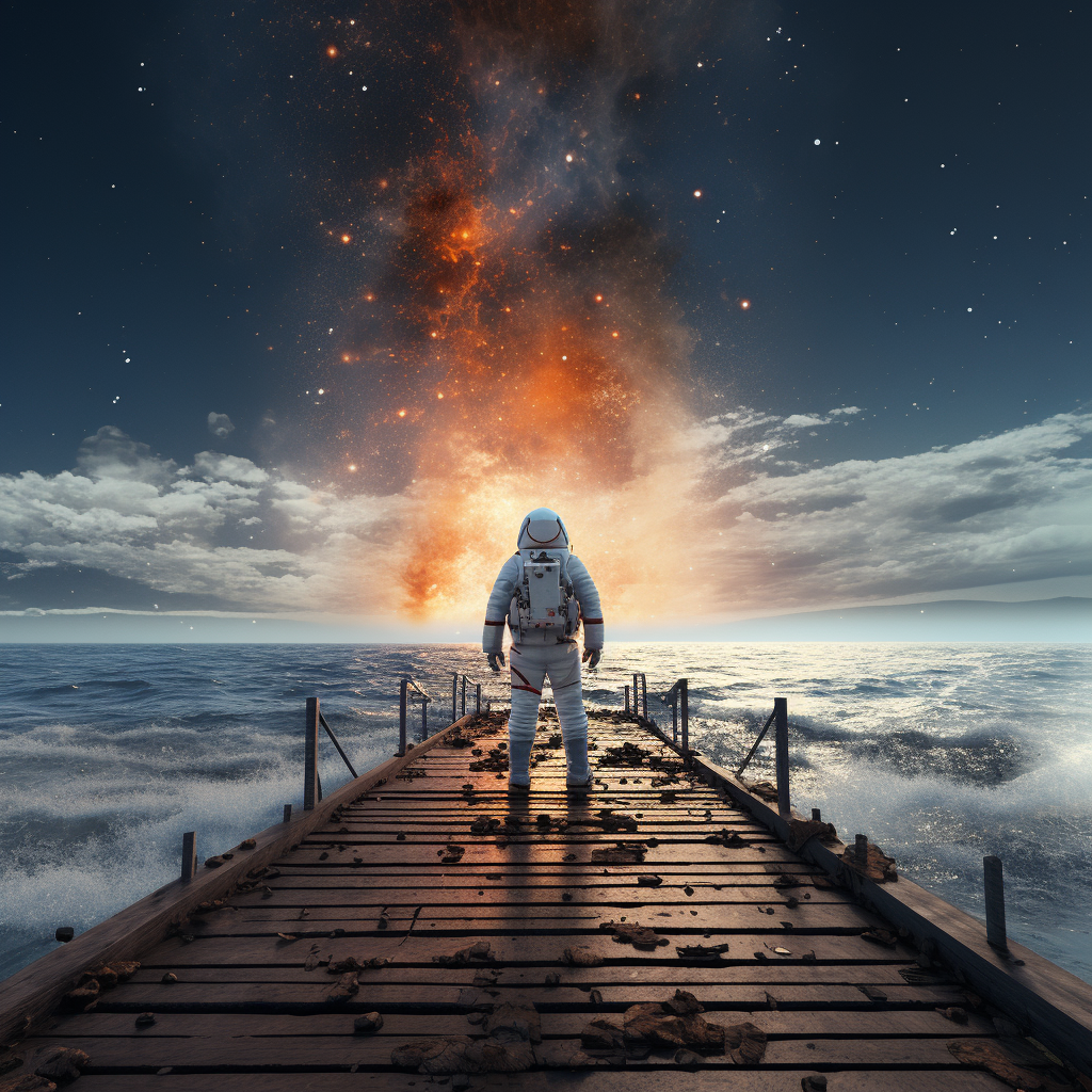 Astronaut on wooden pier watching meteor crash in ocean