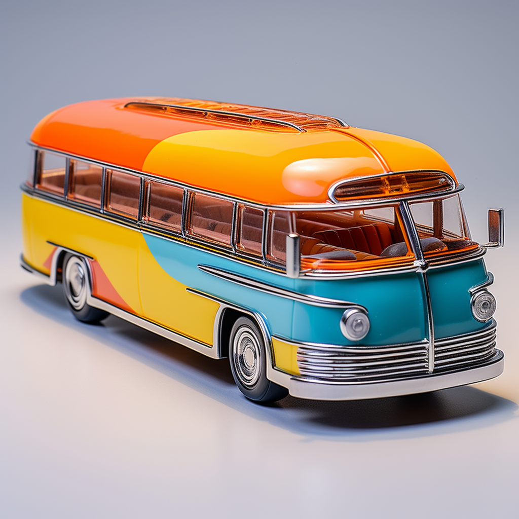 Vibrant atomic age toy passenger bus in profile